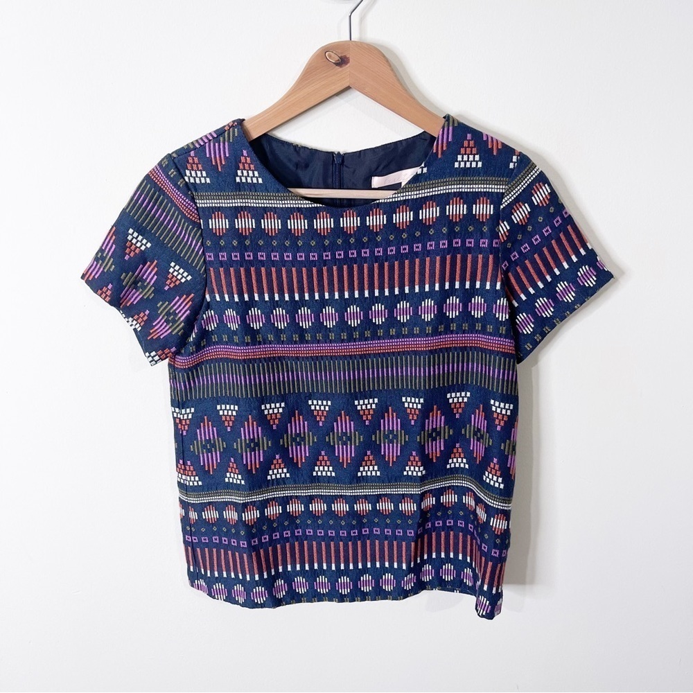 Anthropologie Hutch Navy Embroidered Jacquard Tribal Short Sleeves Top Size XS